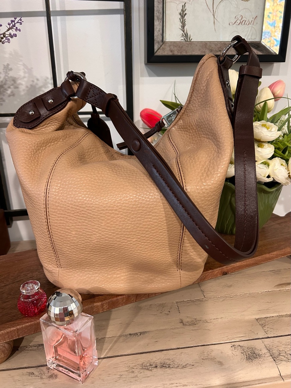 Cole Haan Tan Leather Hobo Bag with Cherry Charm